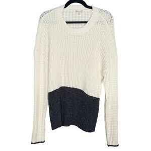New Hem & Thread Large Cream Gray Chenille Colorblock Textured Sweater Crew Neck